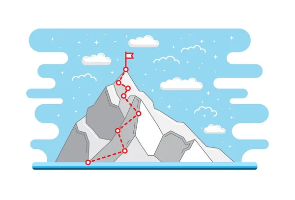 Mountain climbing route to peak. Business journey path in progress to success — Stock Vector