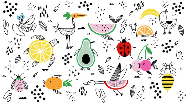 Djur frukt karaktärer Doodle illustration handritad bakgrund — Stockfoto