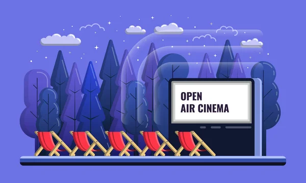 Vector Open Air Cinema platte illustratie met stoelen en nacht buiten — Stockvector