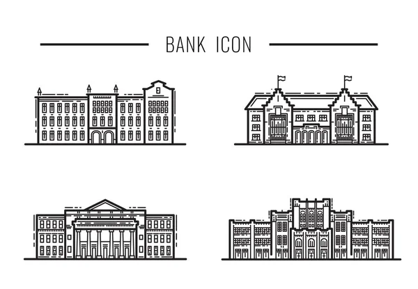 Установка контура иконки фасада и банка строительных символов — стоковый вектор