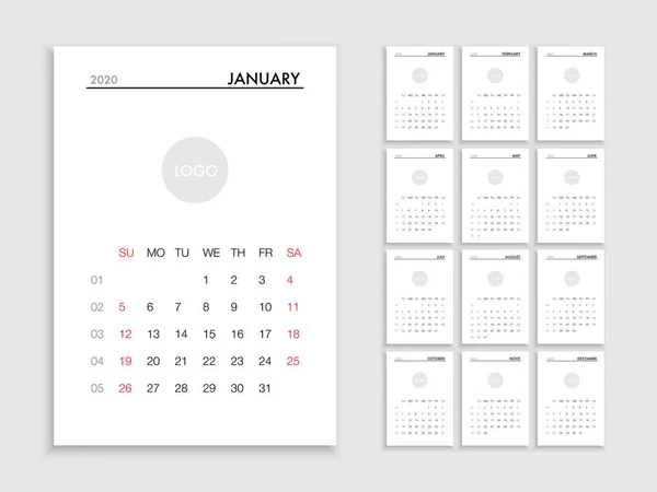 Calendar 2020 template planner vector diary in a minimalist style — Stock Vector