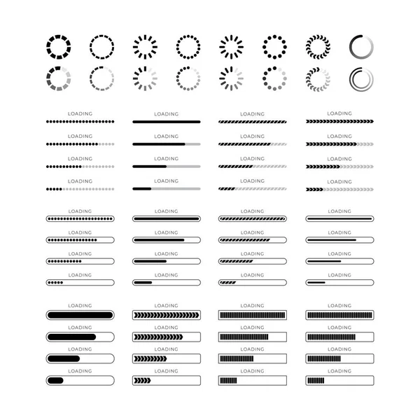 Establecer iconos de progreso de la barra de carga aislados sobre fondo blanco — Vector de stock