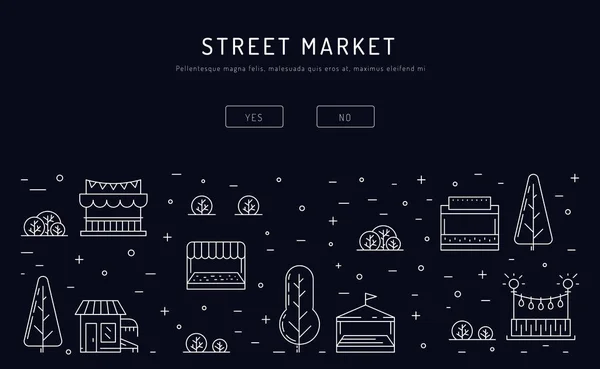Puestos y la venta de bienes en el mercado de alimentos callejeros de temporada — Vector de stock