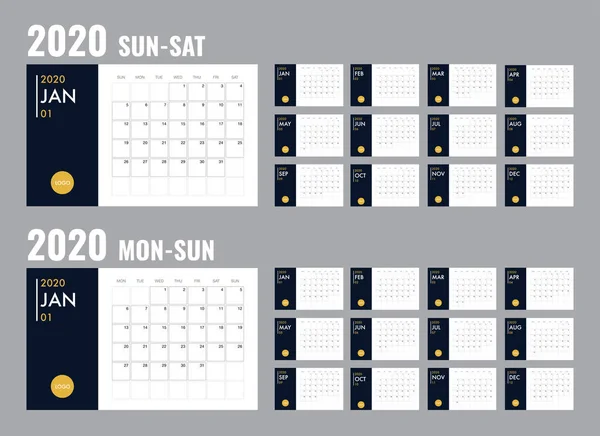 Calendario 2020 plantilla planificador vector diario en un estilo minimalista — Vector de stock