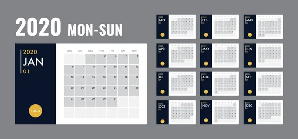 Calendario 2020 plantilla planificador vector diario en un estilo minimalista — Vector de stock