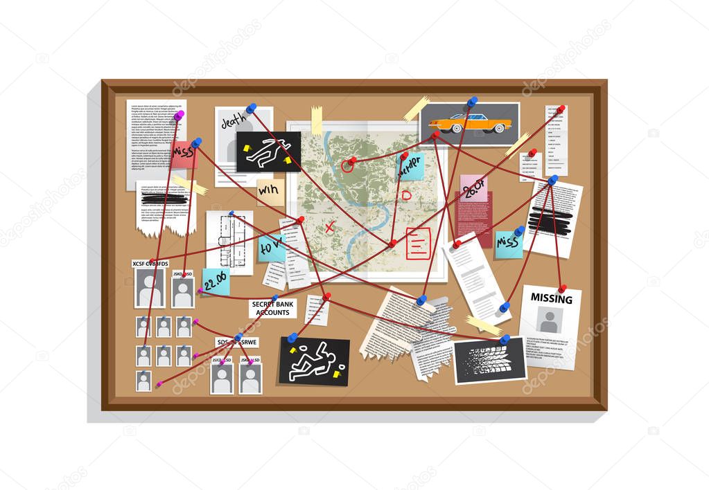 Detective Board with pins and evidence, crime investigation