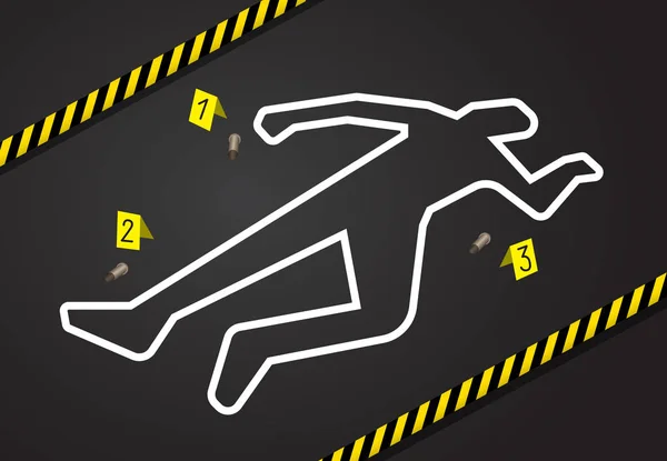 Crime scene, do not cross police tape. Chalk outline from the murder — Stock Vector
