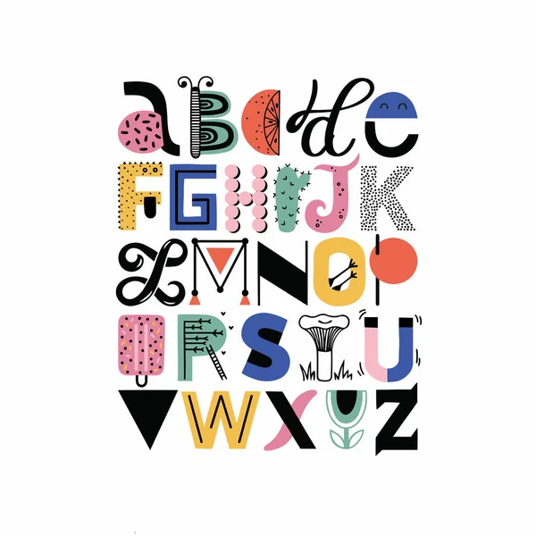 Enfants vecteur créatif abc alphabet dessiné à la main — Image vectorielle
