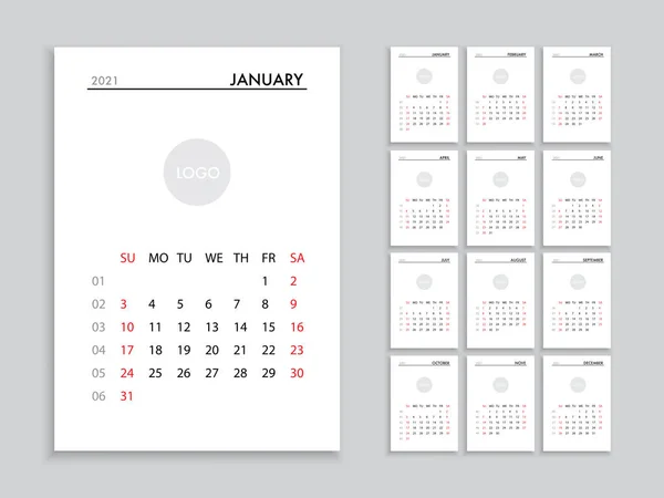 Calendário 2021 modelo planejador vetor diário em um estilo minimalista — Vetor de Stock