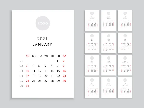 Calendario 2021 plantilla planificador vector diario en un estilo minimalista — Vector de stock