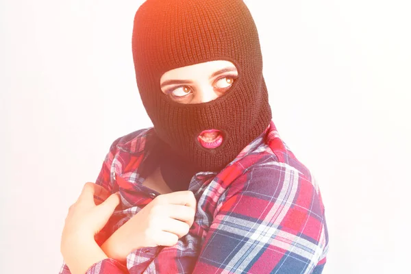 Sexy Bandido Menina Modelo Gordura Balaclava Mulher Size Camisa Posando — Fotografia de Stock