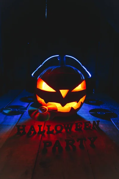 Koncepció Halloween Sütőtök Jack Lámpa Fejhallgató Fogak Felirat Halloween Party — Stock Fotó