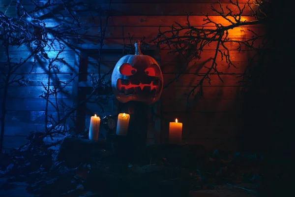Concept Halloween Glowing Orange Blue Light Angry Terrible Pumpkin Leaves — Stock Photo, Image
