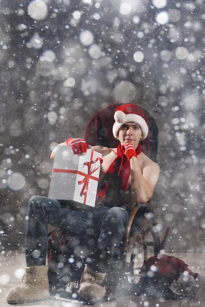 Christmas Gift Concept Man Santa Hat Bring Gift You Attractive — Stock Photo, Image