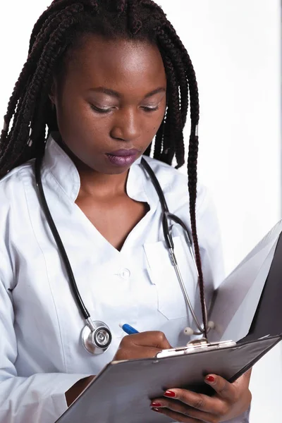 Female american african doctor, nurse woman wearing medical coat