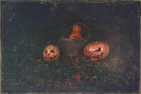 O conceito de Halloween. Abóbora assustadora do mal em um cesto no — Fotografia de Stock