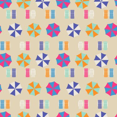 Plaj şemsiyeleri görünümü sorunsuz vektör desen top. Retro tarzı riviera şemsiye kum plaj zemin üzerine.