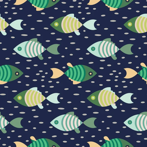 Peces sin costura patrón marino azul oscuro y verde repetir fondo . — Vector de stock