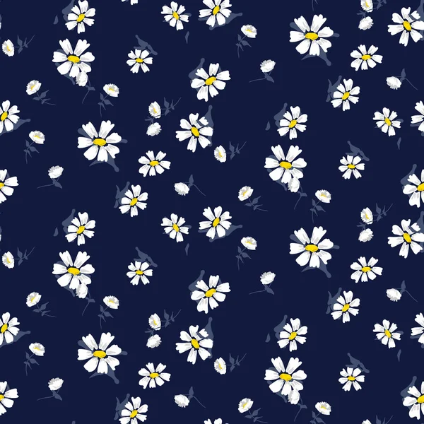 Vita kamomill blommor sömlös vektor blå mönster. — Stock vektor