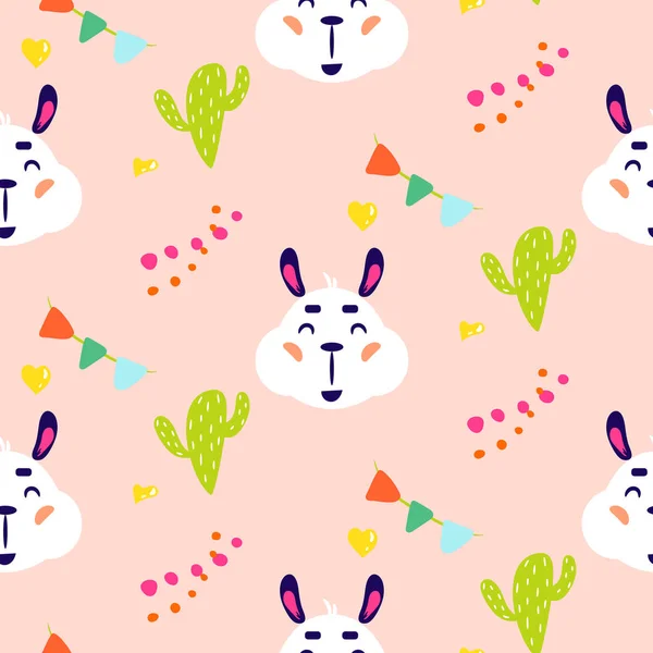 Happy llama smiling kid vector seamless repeat pattern with cacti. — Stock Vector