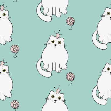 Sevimli kedicik Prenses sorunsuz vektör desen. Yeşil nane arka plan üzerinde beyaz kediler.
