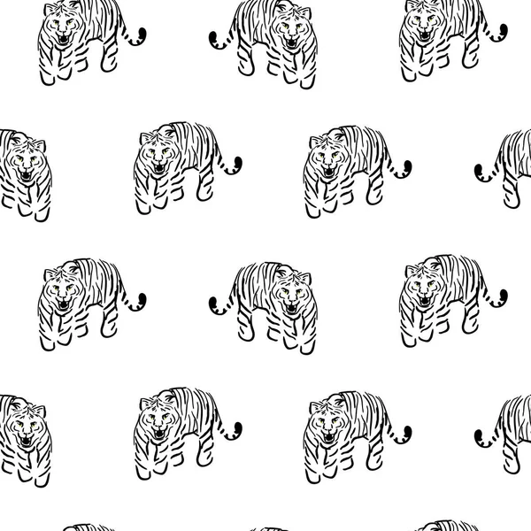 Patrón sin costura vectorial con tigres sobre fondo blanco. Diseño de tela para camisetas y blusas . — Vector de stock