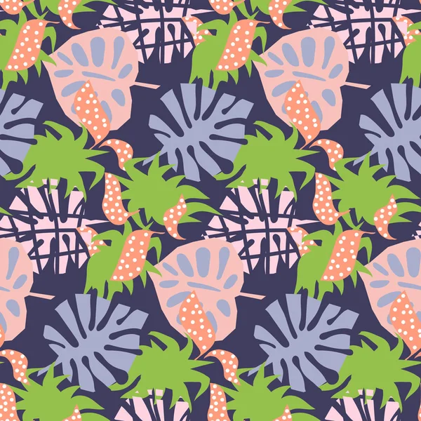 Фиолетовый тропический экзотический листья абстрактный стиль коллажа. Бесшовные векторные обои и текстильная печать . — стоковый вектор