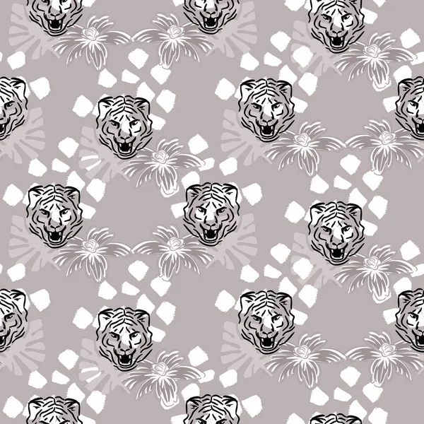 Patrón sin costura vectorial con cabezas de tigre y flores sobre fondo gris topo punteado. Diseño de tela para camisetas y blusas . — Vector de stock