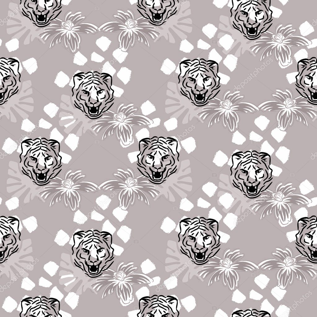 Vector seamless pattern with tiger heads and flowers on gray taupe dotted background. Fabric design for tshirts and blouses.