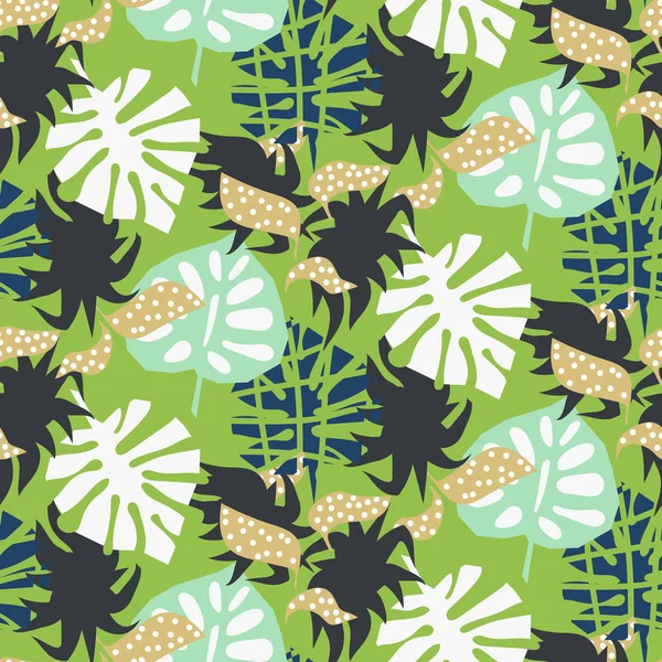 Hojas exóticas tropicales verdes estilo collage abstracto. Papel pintado vectorial sin costuras y patrón de impresión textil . — Vector de stock
