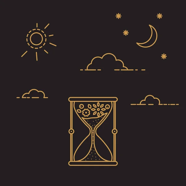 Icono de vector de reloj de arena con nubes y sol . — Archivo Imágenes Vectoriales