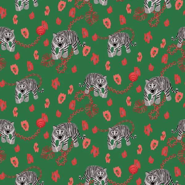 Tigre y cadena verde patrón rojo moda selva salvaje vector de diseño . — Vector de stock