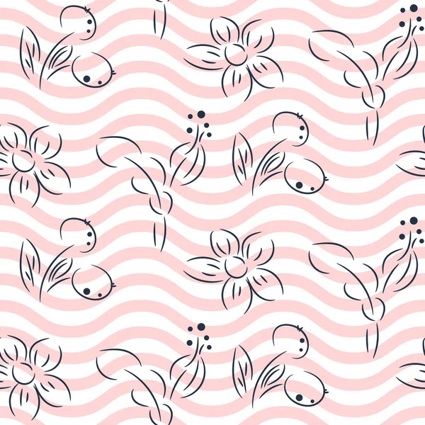 Απλό χέρι συρμένο λουλούδι μοτίβο και ροζ κυματιστές γραμμές του φορέα σχεδίασης. — Διανυσματικό Αρχείο