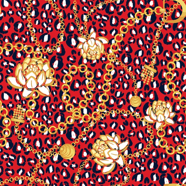 Cadeias de ouro padrão líquido vermelho com flores ousadas design de vetor de moda de pele de leopardo vermelho . —  Vetores de Stock