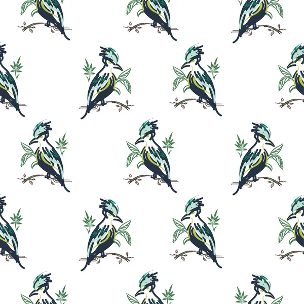 Exotic hand drawn cute birds seamless vector pattern white background.