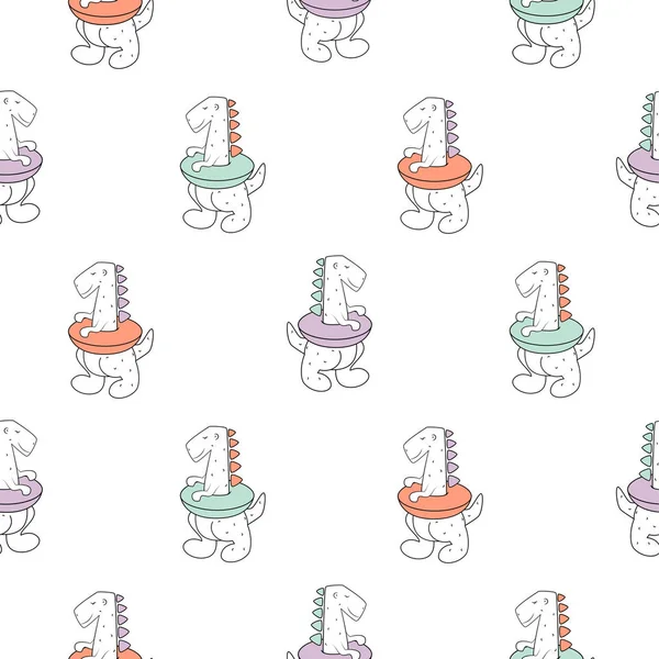 Dinoasauro carino in un modello senza cuciture in stile doodle con salvagente. Modello di bambino disegnato a mano per vestiti tessuto e carta da parati . — Vettoriale Stock