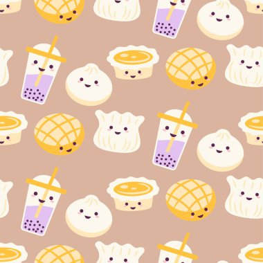 Yumurta tart, kabarcık çay ve dim sum bej arka plan ile Asya sokak gıda karikatür desen vektör.