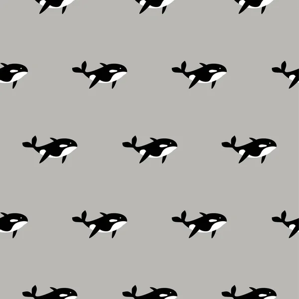 オルカクジラシームレスベクトルパターン。漫画スタイルの黒と白の魚の背景. — ストックベクタ