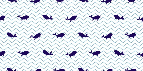 Dolphin and whale seamless vector pattern. Cartoon style blue striped fish simple background.