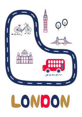 Metin ve simgesel yapı vektör illüstrasyonlu Londra posteri.