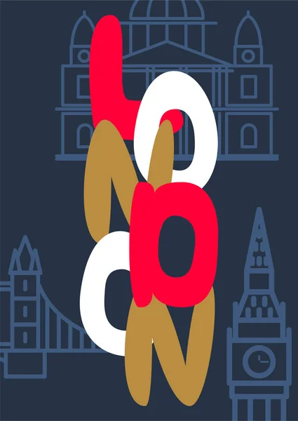 Londen poster afdrukken met tekst en monumenten vector illustratie. — Stockvector