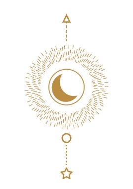 Güneş ve ay kutsal çizgi tarzı geometrik poster sanatı. Astroloji duvar baskısı.