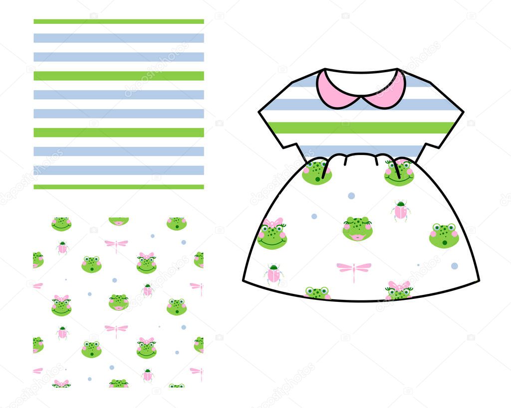 Dress pattern design for girls. Stripes and frogs seamless pattern set.