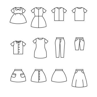 Giysi çizgisi simgesi vektör seti. Giyim anahat simge sembolleri