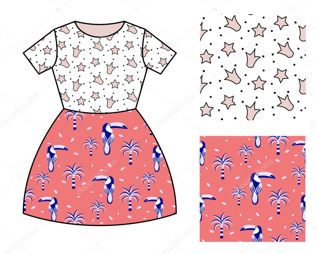 Dress pattern design for girls. Crowns and toucan birds seamless pattern set.