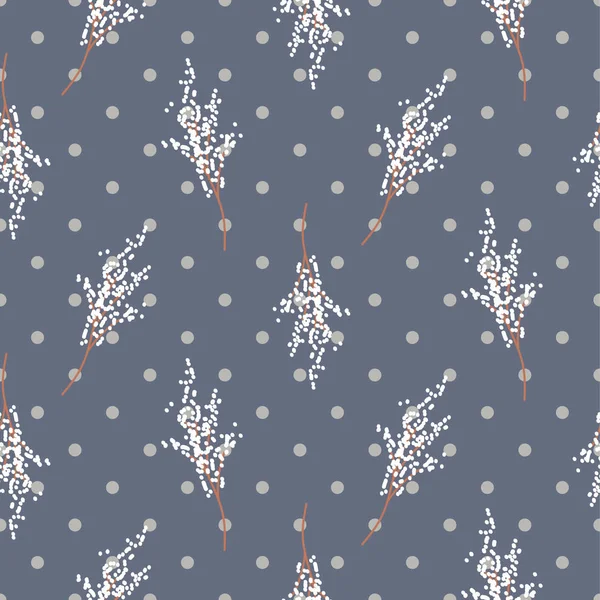 Bird Cherry Tree takken naadloze polka dot blauw patroon vector ontwerp. — Stockvector