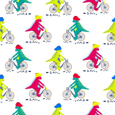 Bisiklet sorunsuz desen karikatür dinozor. Beyaz arka planda bisiklete binen Dino çocuk karakterleri vektörü.