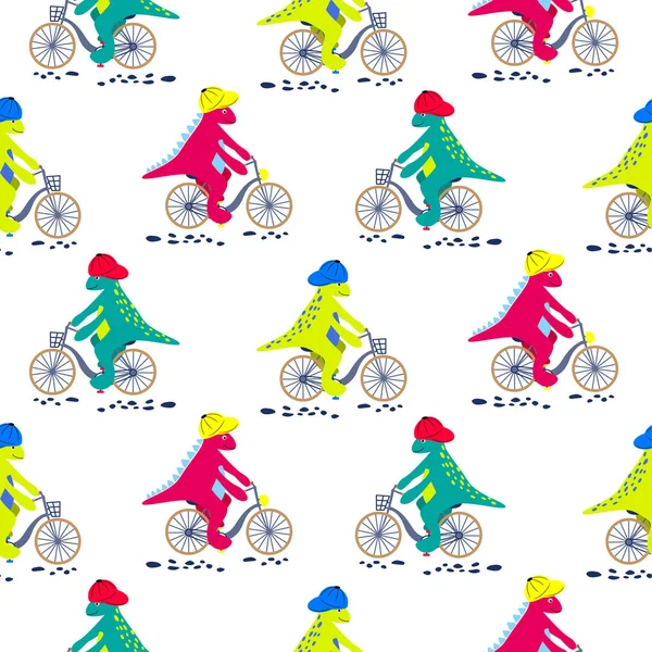 Cartoon dinosaur on bikes seamless pattern. Dino child characters riding bicycles vector on white background.