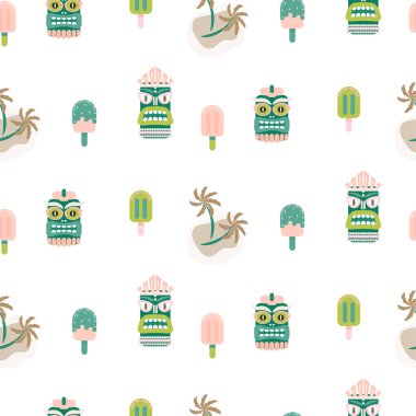 Hawaii dikişsiz vektör deseni. Tiki maske ve palmiye ağaçları beyaz arka plan.