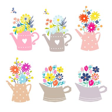 Bir sulama kutusupapatya ve lale çiçek buketi. Beyaz arka planda izole kartpostallar için sevimli çiçek illüstrasyon.